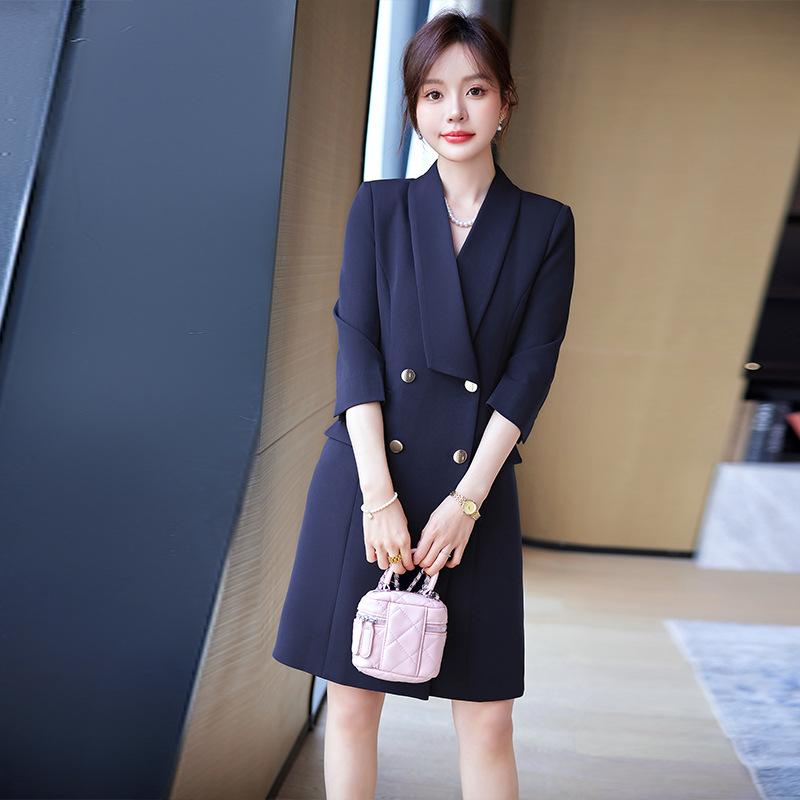 レディース ワンピース 春夏 アプリコットカラー スーツ風 収腰 ダブルボタン 上品 事務服 OL 受付用 通勤 軽やか シルエット 女性らしい