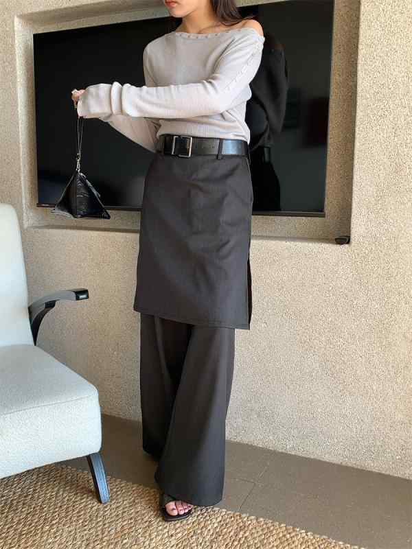 レディース ワイドパンツ 春夏 ドレープ フェイクツーピース 一体型 パンツスカート 個性派 カジュアル ストレッチ 軽量 コットン混 ブラック ベージュ ロング丈 ハイウエスト|アクセルジャパン