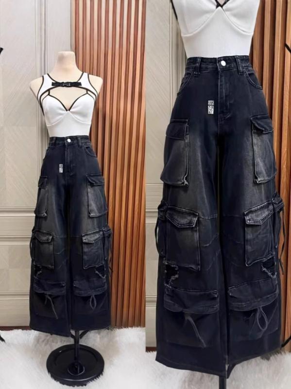 レディースワイドパンツ 分かりやすい 成年者心地好い レディース ジーンズ長 ズボン 工 装 ズボン 多 衣嚢 広 脚 流行り物 ズボン下 cargopants wholesale