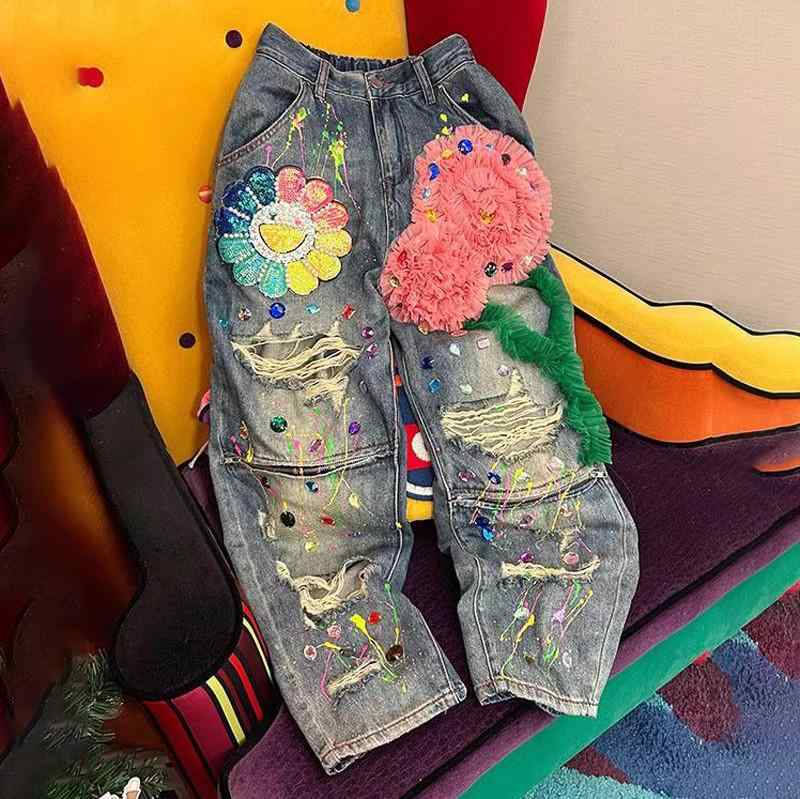 レディース デニムパンツ ハイウエスト ストレート ダメージ スタッド ビーズ 装飾 秋 カジュアル 普段使い 伸縮性 コットン 素材 ビッグシルエット ブラック 色