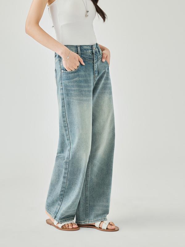 デニムパンツ レディース 夏用 ゆったりシルエット 伸縮ウエスト ストレートレッグ スリム効果 ロング丈 ウォッシュド カジュアル デイリー コーディネート スタイルアップ|アクセルジャパン