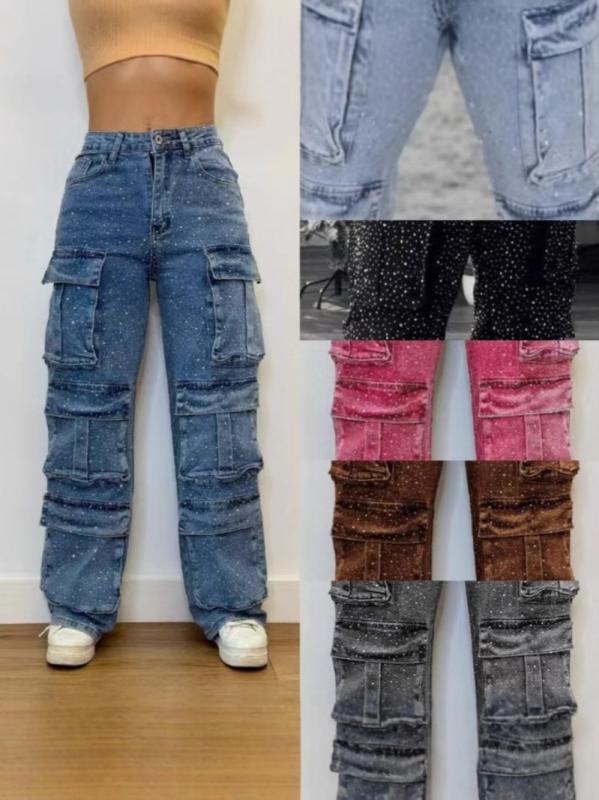 デニムパンツ カーゴパンツ ストリートスタイル ラインストーン ポケット 付き カジュアル 普段使い コットン 素材 ストレッチ 機能 ミリタリー 風 ゆったり シルエット メンズ ユニセックス｜アクセルジャパン
