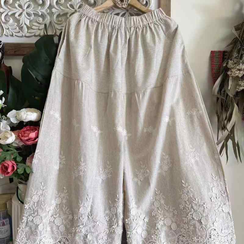 レディース 春夏 刺繍 ワイドパンツ 9分丈 ストレート 日系 カジュアル ボトムス ゆったり 軽量 コットン混 日常使い｜アクセルジャパン