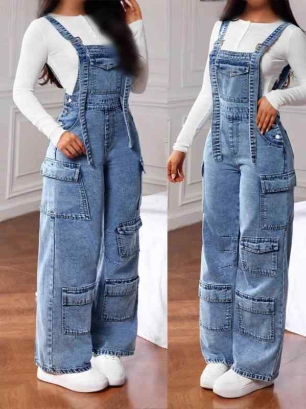 レディース デニム パンツ ワイドレッグ カーゴ 多ポケット ロング丈 カジュアル ボトムス アウトドア 用途 ストレッチ 素材