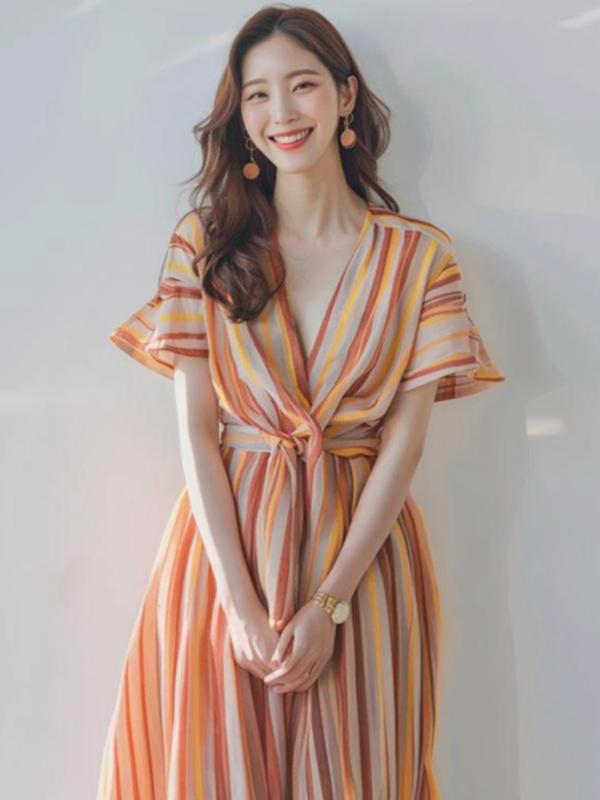 レディース 夏用 ワンピース オレンジ ストライプ Vネック リボン紐 ウエストマーク 高級感 ユニーク かわいい スタイル カジュアル 普段使い 軽量 素材