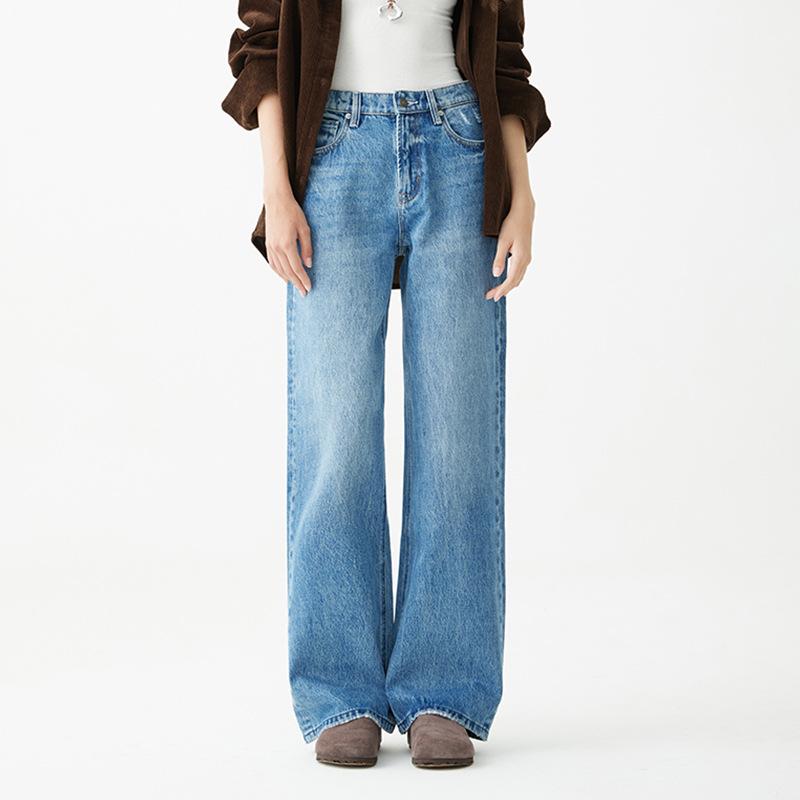 レディース デニムパンツ ハイウエスト ワイドレッグ ストレート ゆったり フロア丈 秋用 高級感 上品 軽量 伸縮性 普段使い 通勤｜アクセルジャパン