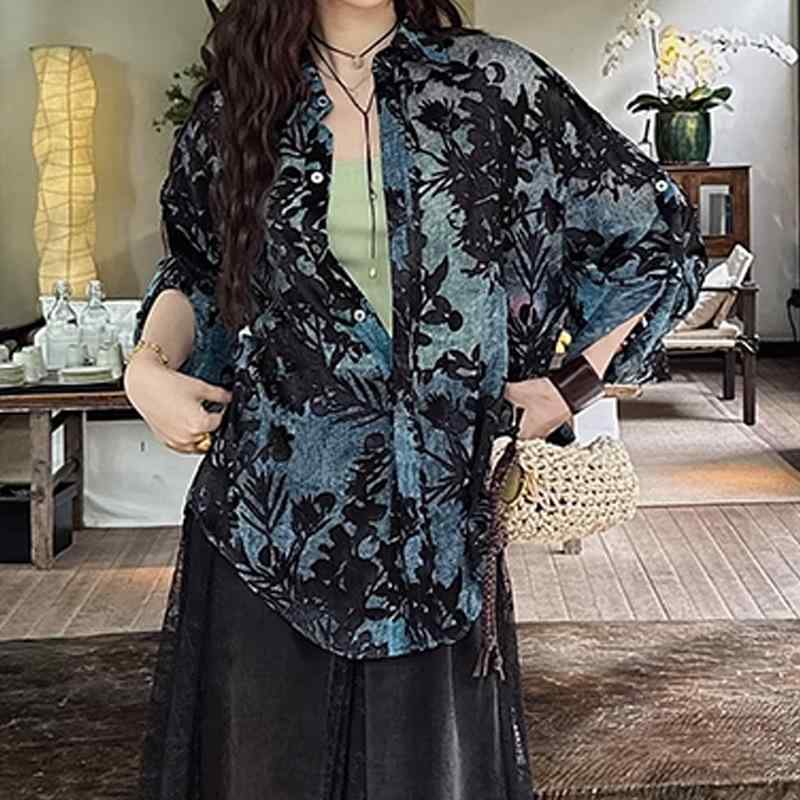 レディース 春 カジュアル 透け感 薄手 軽量 通気性 レトロ 油絵花柄 プリント ブラウス 人絹 トップス|アクセルジャパン