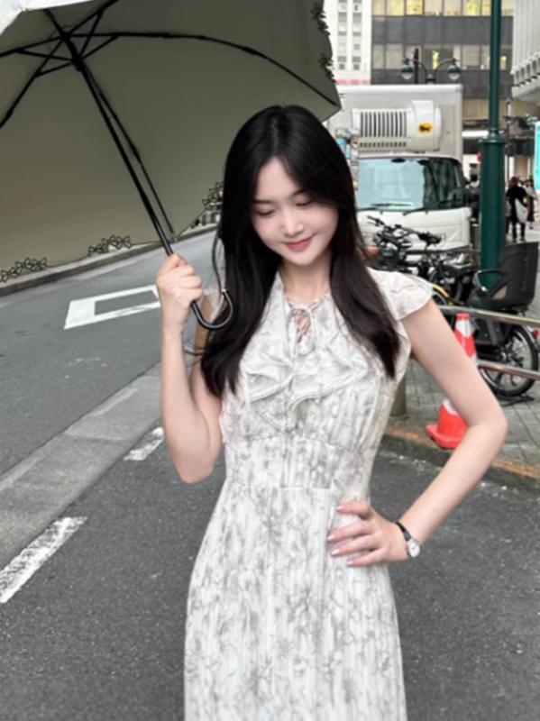 ワンピース 春夏 かわいい 清涼感 フレアスリーブ フリル ハイウエスト プリーツ プリント柄 ロング丈 ポリエステルx2｜アクセルジャパン