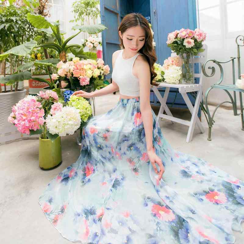 花柄ロングプリーツスカート 御花刷り上げる 2018 夏服 新型 砕 花 砂浜 スコート ボヘミアン 半身 ロング スコート プリントシフォンスカート 1349x5