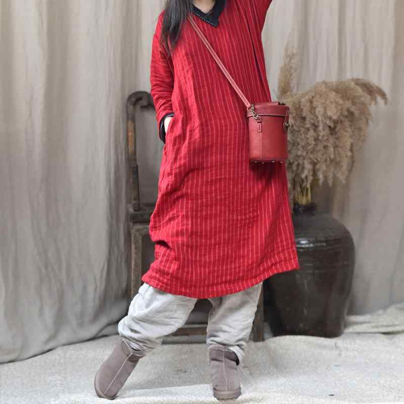 ロングスコート 綿混素材 麻 半 城 / v のど首の 大層らしい大きさ 女装 歳月 金の 縦 条の 長袖の 衣裳の 手の 合わせ目の 糸の ゆったりしている 返り咲きの 長々しい 服x2