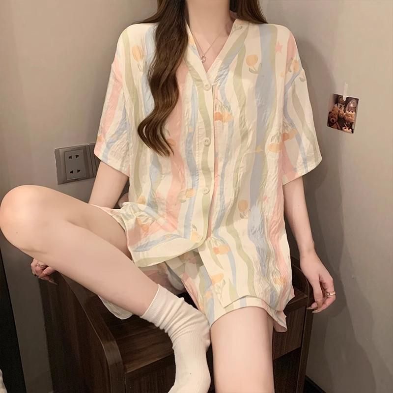レディースショートパンツ 御部屋御召しもの 工業プラント パジャマ レディース 夏の 愛くるしげ 縞模様 半袖 さる股引き書き割り 2025 表現スタイルは 家の 服の 外で 着付ける できます