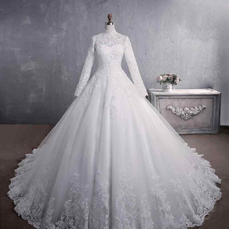 ウェディングドレス レディース 春夏 長袖 レース ハイネック ロングトレーン ミニマリズム Aライン プリンセス 結婚式 挙式 二次会 披露宴 前撮り ブライダル 花嫁 衣装 白 ホワイト 記念撮影 フォーマル エレガント 高級感|アクセルジャパン