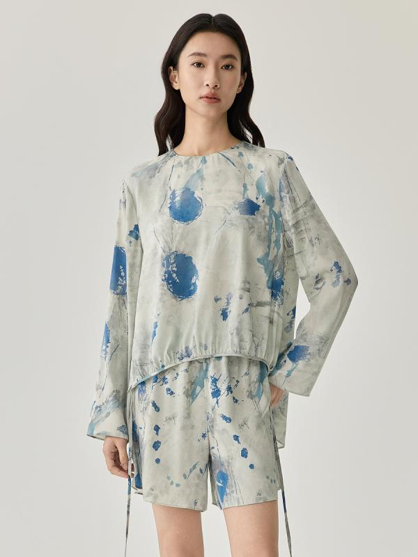 Tシャツ レディース 春夏 長袖 クルーネック シルク 絹 桑蚕糸 水墨画 プリント トップス カットソー 高級感 和風 チャイナ風 カジュアル 普段使い 体型カバー 大きいサイズ ゆったり 着痩せ 細見え お腹周り 二の腕カバー 伸縮性 通気性 吸湿性|アクセルジャパン