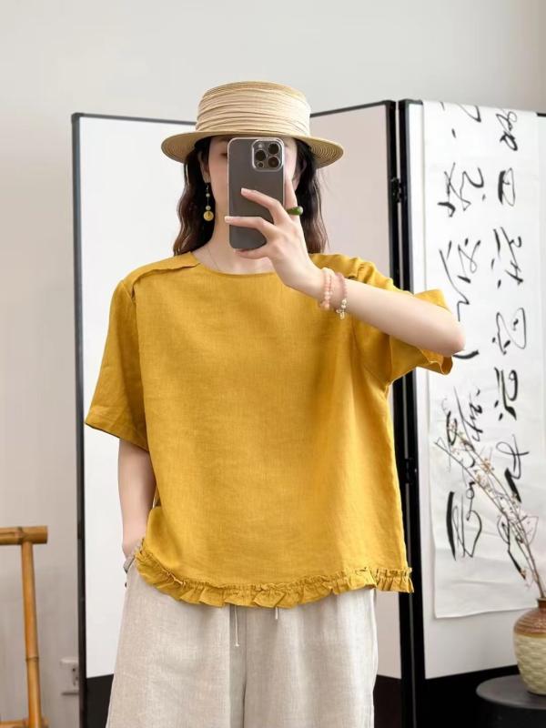 ブラウス レディース 春夏 ゆったり 大きいサイズ トップス カットソー 接触冷感 麻 リネン 切り替え レース 丸首 クルーネック 半袖 無地 体型カバー 着痩せ お腹周り 二の腕カバー プルオーバー カジュアル きれいめ おしゃれ 大人 かわいい 通気|アクセルジャパン