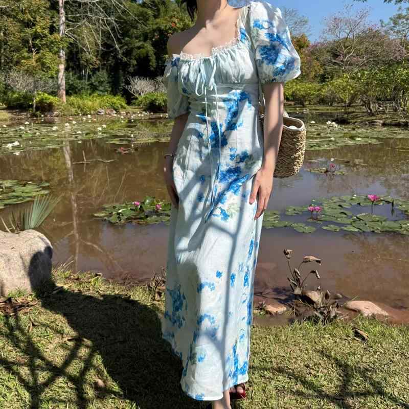 ワンピース レディース 麻 ロング丈 フレンチスタイル 花柄 Sydneyブルー エレガント ナチュラル素材 綿麻混 爽やか 上品 カジュアル ゆったり 体型カバー 着痩せ お腹周り 体系カバー 大きめ サイズ 大きいサイズ 涼しい 普段使い 旅行 リ|アクセルジャパン