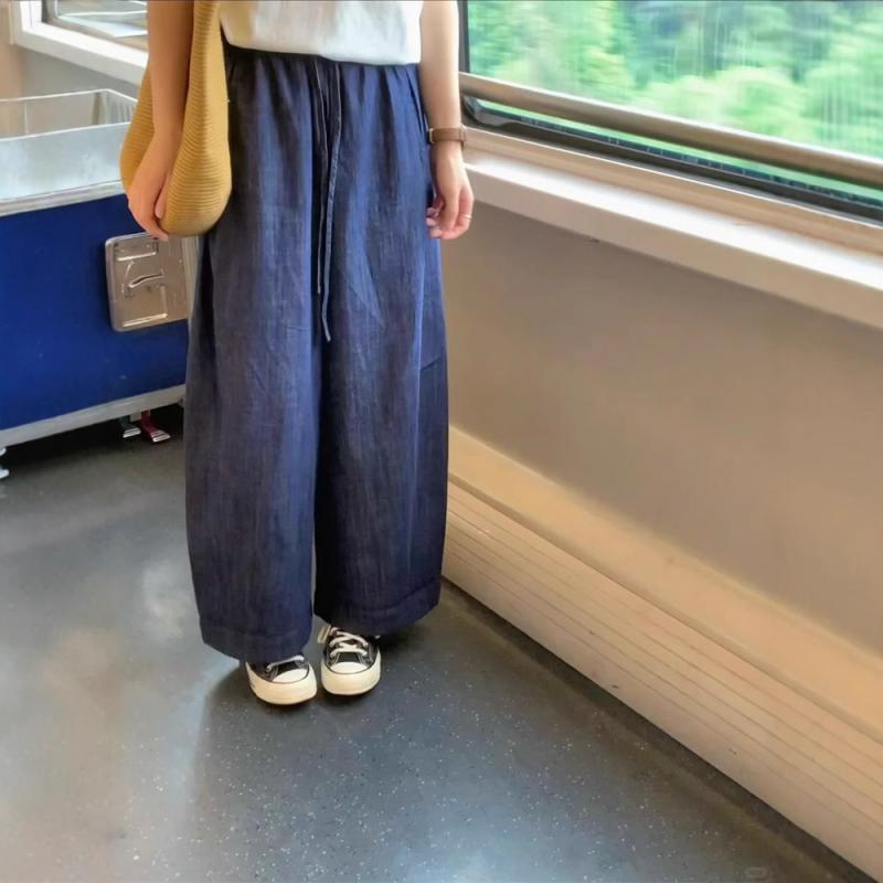 カジュアルパンツ レディース 夏物 薄手 麻 綿混 デニム ジーパン ボトムス ワイドパンツ 九分丈 ストレート ズボン 軽量 涼しい 接触冷感 吸湿 速乾 普段使い 通学 通勤用 デイリー 部屋着 美脚 脚長 細見え 体型カバー お腹周り 楽ちん|アクセルジャパン