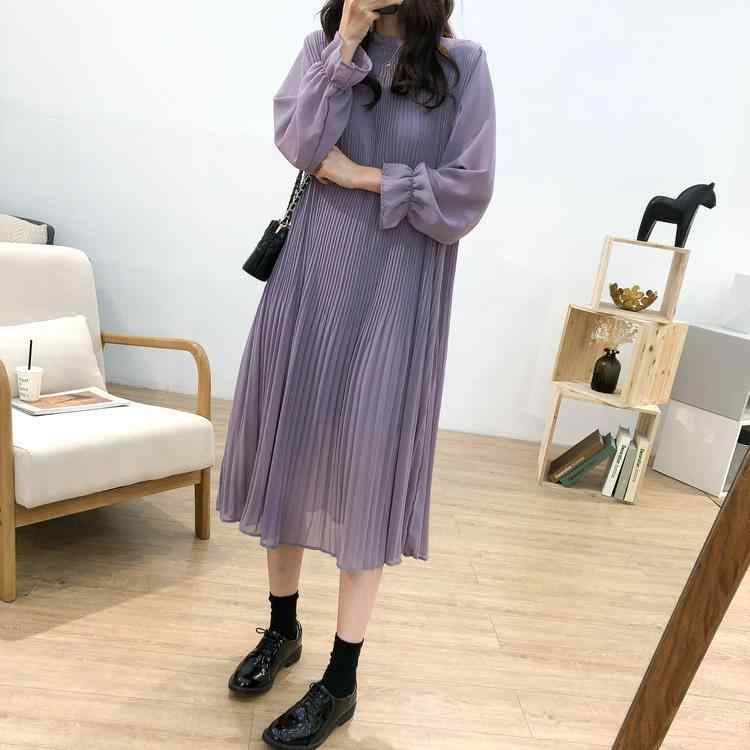ワンピース レディース 長袖 プリーツ シフォン ミモレ丈 ロング丈 大きいサイズ 大きめ サイズ ゆったり 着痩せ 細見え 体型カバー お腹周り 二の腕カバー 韓国ファッション きれいめ 無地 着回し 秋冬｜アクセルジャパン