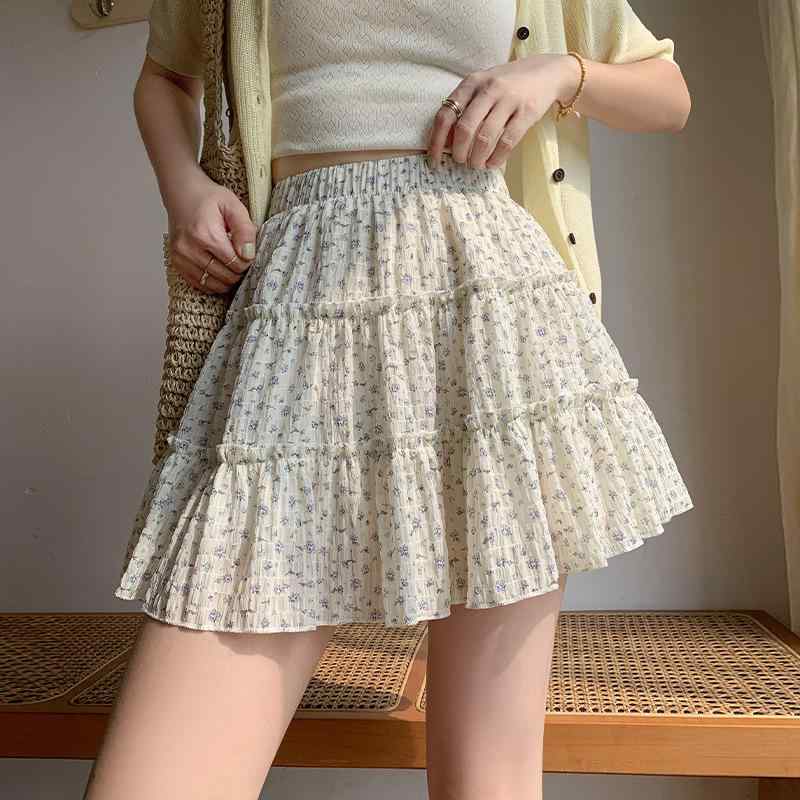 スカート レディース 夏 小花柄 ハイウエスト Aライン フレンチスタイル スイート ショート レース フリル ボリューム かわいい 軽やか 普段使い|アクセルジャパン