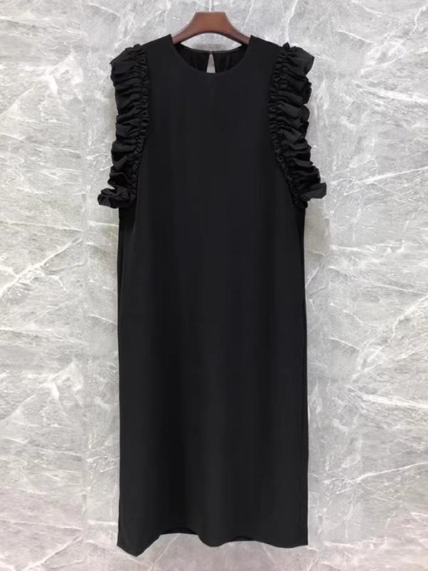 ワンピース レディース ロング丈 ノースリーブ 直筒型 フリルネック バックベント ゆったり 大きめ サイズ 着痩せ 体型カバー スリット カジュアル シンプル 無地 再生繊維 高級感 エレガント きれいめ 通勤 お出かけ 普段使い 上品 きちんと感 スタ｜アクセルジャパン