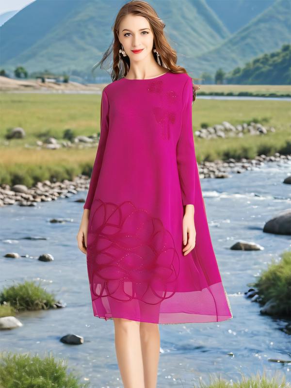 秋 女性用 ワンピース ゆったり 長袖 プリーツ 切り替え 花柄 ジルコニア レース 高級感 ママ服 カジュアル 普段使い 軽量 伸縮性|アクセルジャパン