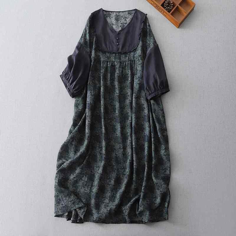 ワンピース レディース 大きいサイズ ゆったり リネン素材 リネンブレンド 花柄 小花柄 ランタンスリーブ バルーンスリーブ ぽわん袖 長袖 膝丈 ミモレ丈 切り替え Aライン 着痩せ 体型カバー 体系カバー 大きめ サイズ 痩せ見え 休日 リラックス 部｜アクセルジャパン