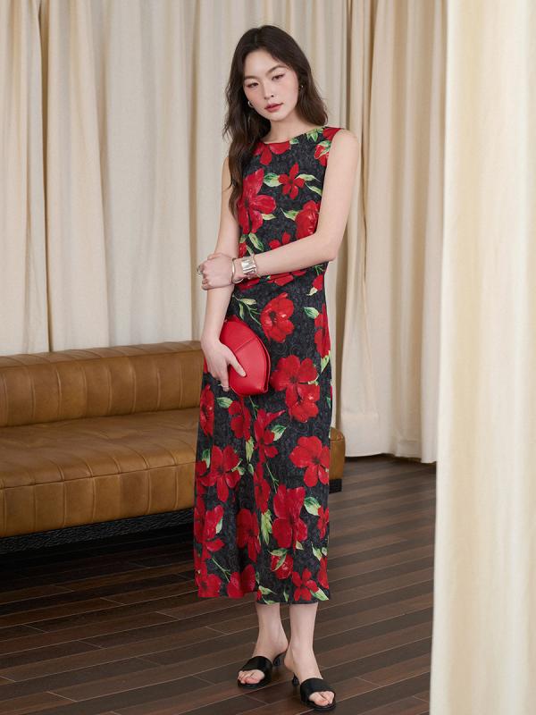 ワンピース レディース 絹 シルク 花柄 総柄 ノースリーブ 膝丈 ロング丈 リゾート ワンピ マキシ丈 フレア 清楚 上品 きれいめ 大人かわいい エレガント 高級感 涼しい 快適 通気性 柔らかい 軽い 華やか 普段使い お出かけ 二次会 パ｜アクセルジャパン