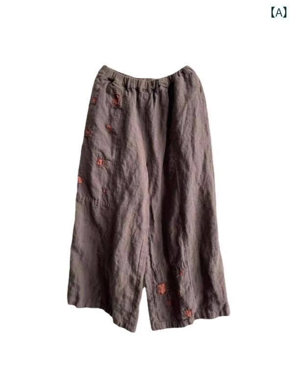 パンツ レディース ズボン ワイドパンツ クロップド丈 九分丈 ゆったり 体型カバー 大きいサイズ 大きめ サイズ 切り替え 亜麻 リネン素材 素材 麻 綿混 ナチュラル 伸縮性 柔らかい 部屋着 カジュアル 普段使い 通勤用 旅行用 散歩用 動きやす｜アクセルジャパン