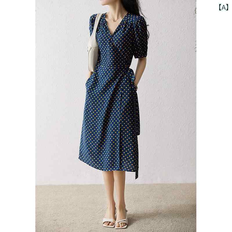 ワンピース レディース 春夏 チャイナドレス風 Vネック ドット柄 リボン 再生繊維 絹 シルク 高級感 ミモレ丈 フレア ゆったり 体型カバー 着痩せ 細見え お腹周りカバー 二の腕カバー 通勤用 普段使い デート服 お出かけ カジュアル きれいめ｜アクセルジャパン