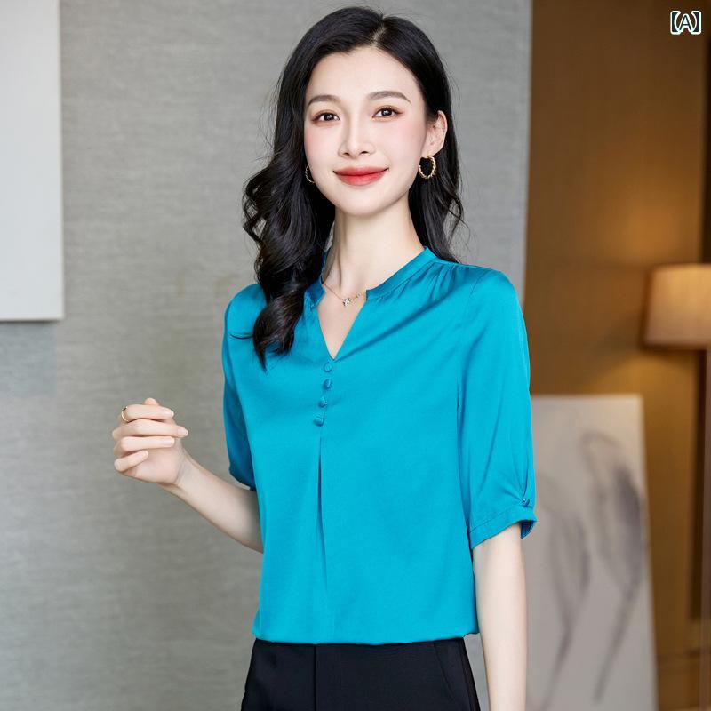 ブラウス レディース 大きいサイズ Vネック 五分袖 Tシャツ トップス ゆったり 体型カバー 着痩せ シルク素材 高級感 接触冷感 無地 普段着 通勤用 母の日 お母さん 世代 桑蚕? 上品 涼しい 柔らかい きれいめ エレガント お出かけ着 シンプル|アクセルジャパン