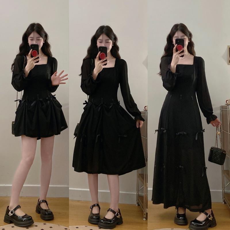 ワンピース レディース 大きいサイズ ゆったり 黒 ブラック リボン ドレス 体型カバー 着痩せ お腹周り 二の腕カバー 春服 切り替え 膝丈 ミディアム丈 エレガント 上品 カジュアル きれいめ 大人 かわいい お呼ばれ デート お出かけ|アクセルジャパン