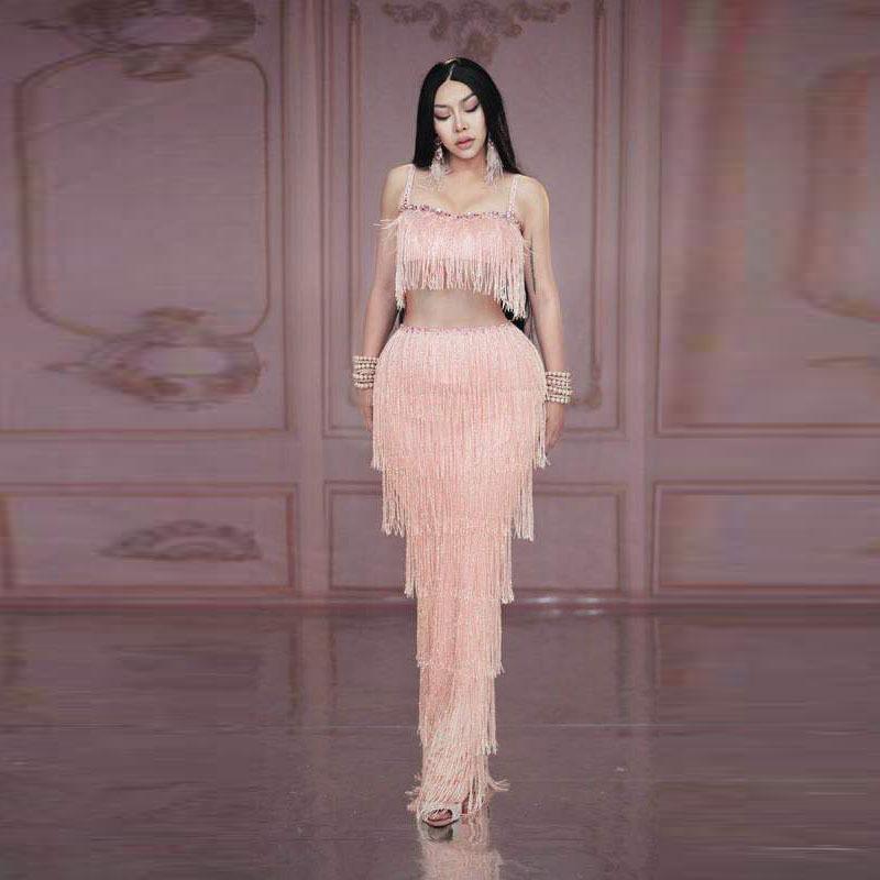 ワンピース レディース ロング丈 タイト キャバドレス ピンク系 フリンジ セクシー 体型カバー 着痩せ 細見え ゆったり 大きいサイズ ステージ衣装 コンサート 発表会 二次会 披露宴 パーティー イベント用 スレンダーライン 膝丈 五分袖 ノースリー｜アクセルジャパン