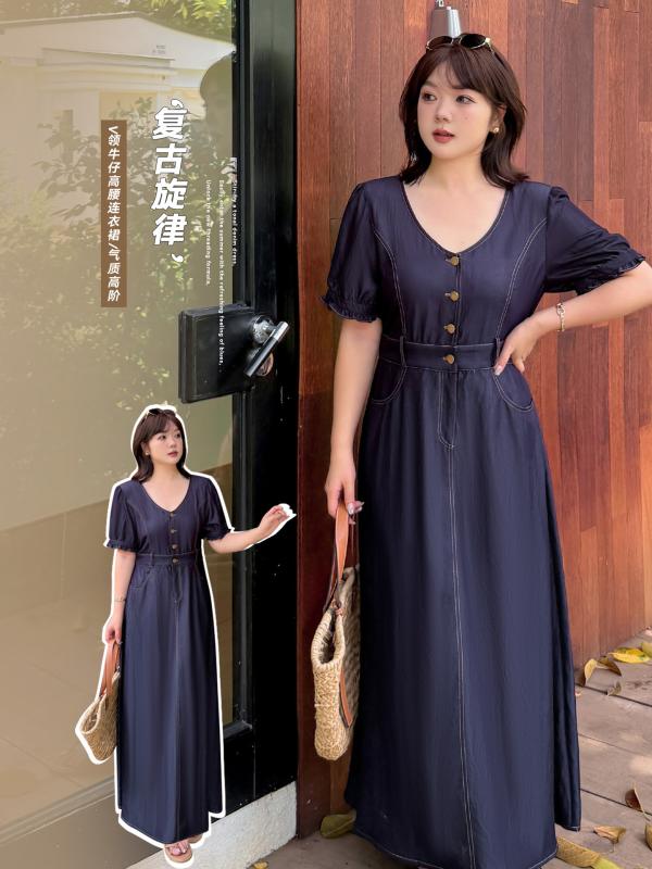 ワンピース レディース 大きいサイズ 体型カバー 半袖 Vネック デニム ロング丈 ゆったり 細見え マキシ丈 切り替え ウエストマーク カジュアル レトロ感 大人かわいい きれいめ 春夏 普段使い お出かけ 二の腕カバー 着痩せ 伸縮性 デニム生地 ナ|アクセルジャパン