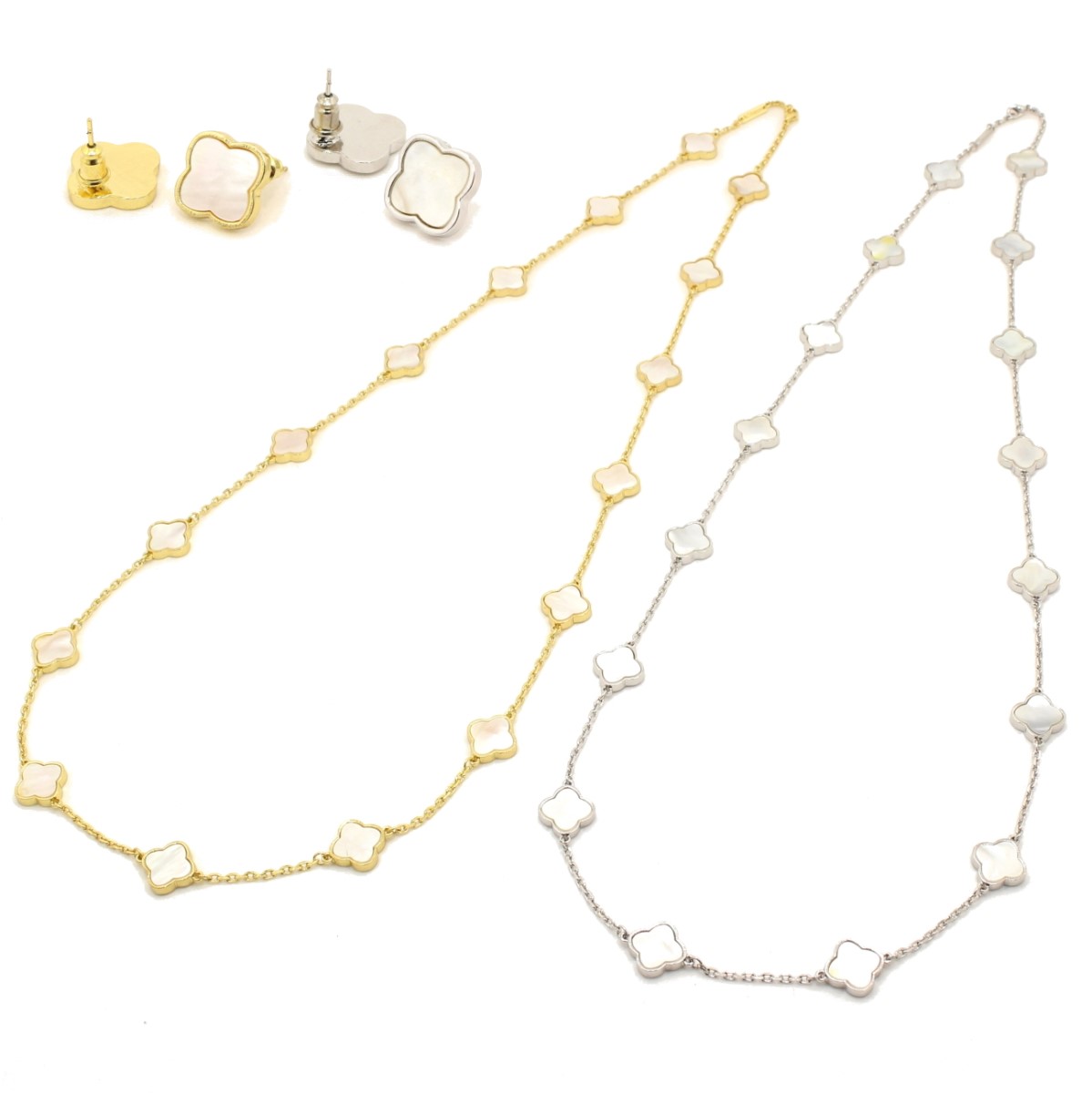 おすすめ ロングネックレス ピアス 【2点セット】 白蝶貝 クローバーピアス シェルネックレス 16花ネックレス 1花ピアス ギフト 送料無料 黄金花 高見え プレゼント ◆ ステーションネックレス