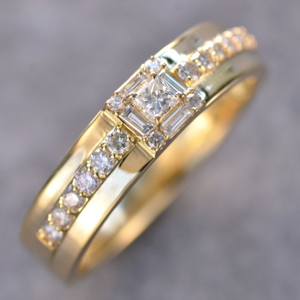 【マラソン期間限定★10%OFFクーポン】指輪 メンズリング K18 18K 18金 バゲットカット プリンセスカット ダイヤモンド メンズリング ゴールド 男性 刻印入り 鑑別書付き シンプル 30代 40代 50代 60代 【人気アイテム】【動画あり】|アクセサリーマート
