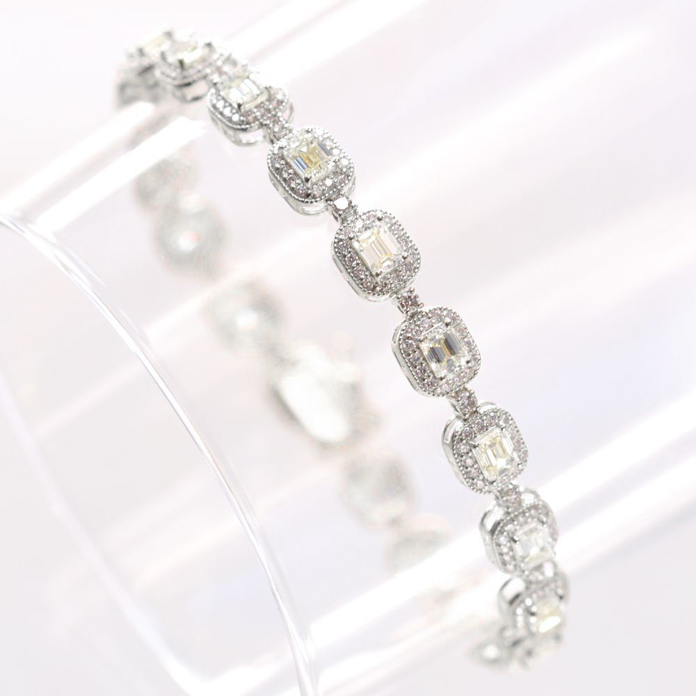 【マラソン期間限定★10%OFFクーポン】ブレスレット メンズ K18 18KWG ダイヤモンド 6.15カラット 18金 エメラルドカット ダイヤモンドブレスレット ホワイトゴールド ミル打ち レディース 男女兼用 ユニセックス 日本製 刻印入り 鑑別書付き シンプル プレゼント ギフト|アクセサリーマート