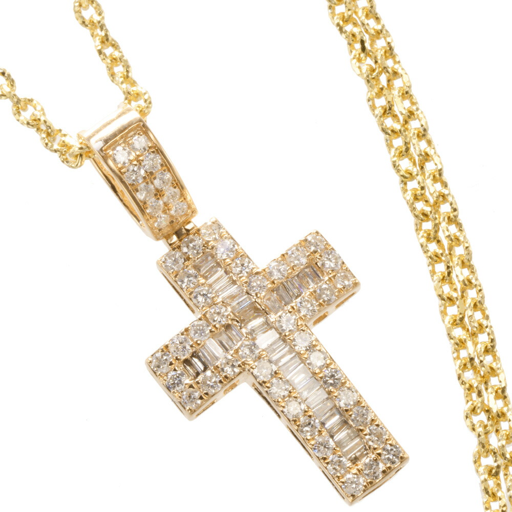 【間もなく終了★10%OFFクーポン】ネックレス メンズ K18 18K 18金 イエローゴールド バゲットカット ダイヤモンド クロス 十字架 50cm アズキチェーン付き メンズペンダント 刻印入り 鑑別書付き プレゼント ギフト 【人気アイテム】