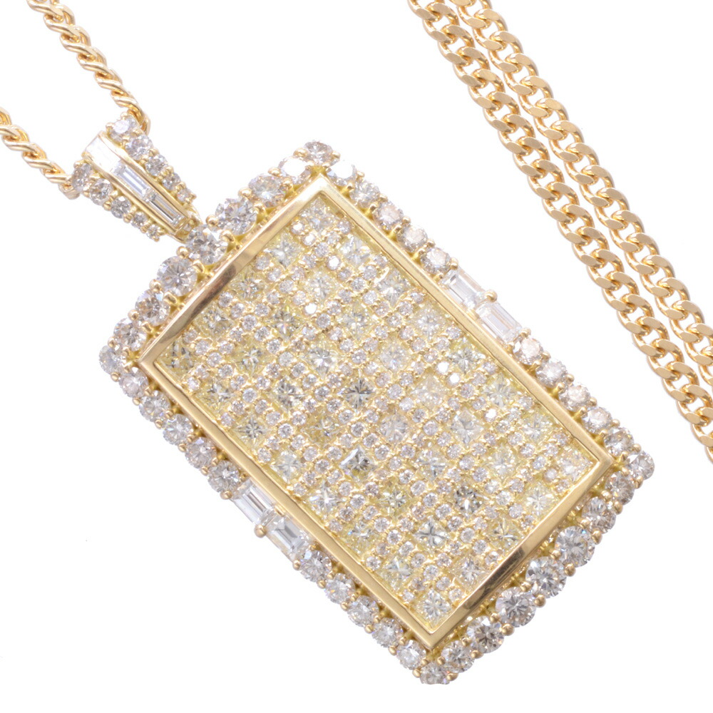 【間もなく終了★10%OFFクーポン】ネックレス メンズ K18 18K 18金 バゲットカット ダイヤモンド 5カラット イエローゴールド 徳力 10g 50cm 喜平 ペンダント 刻印入り 鑑別書付き プレゼント ギフト
