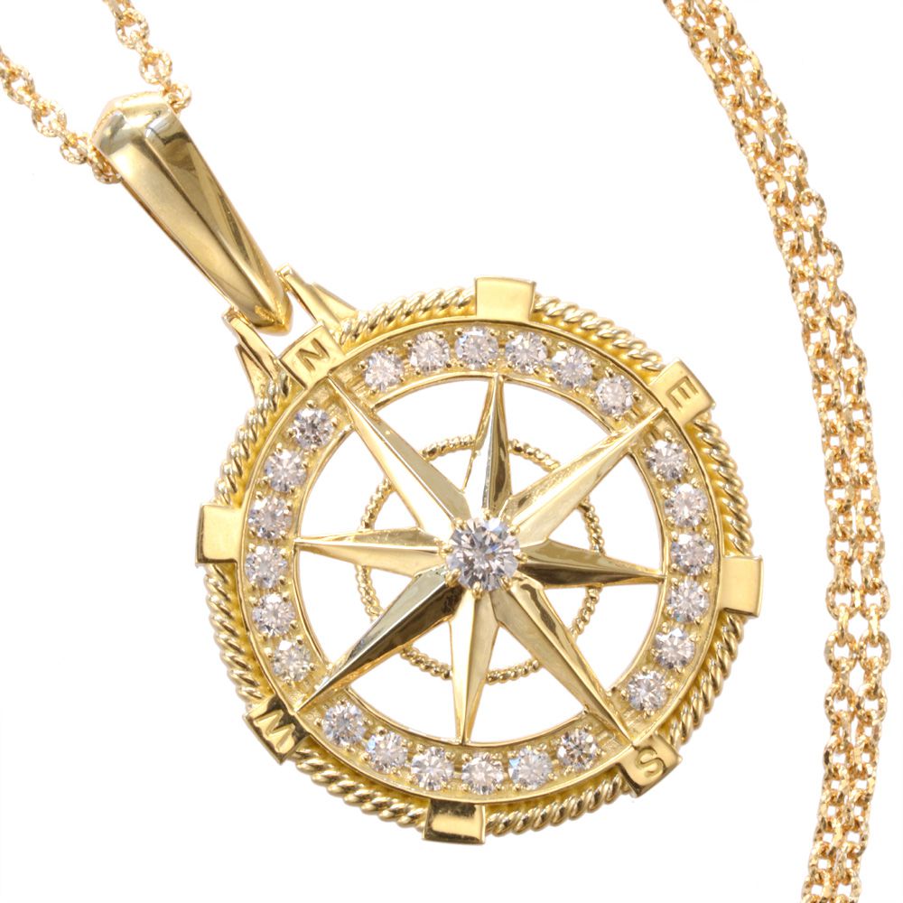 【間もなく終了★10%OFFクーポン】ネックレス メンズ K18 18K 18金 ダイヤモンド 方位磁針 コンパス ペンダント イエローゴールド テクスチャ アズキチェーン 50cm 日本製 刻印入り 鑑別書付き プレゼント ギフト