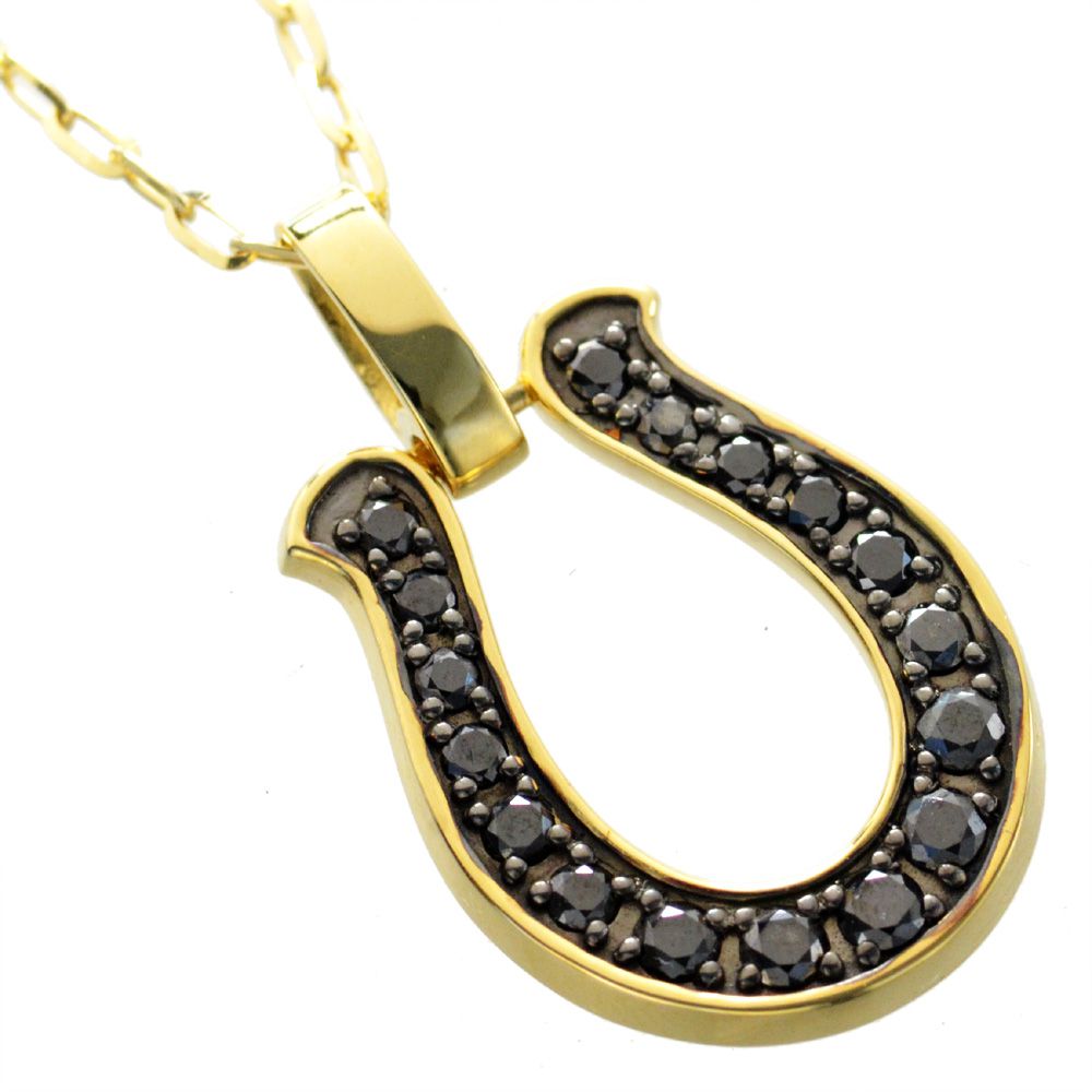 送料無料 18金 18金 メンズ 鑑別書付き 18k ネックレス 男性用 K18 馬蹄 職人が造る本格メンズネックレス ブラックダイヤモンド イニシャル刻印可能 ゴールド 男性用 日本製 鑑別書付き 刻印入り アクセサリーマート