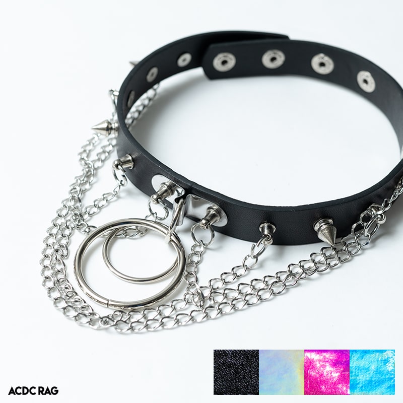 リングチェーンチョーカー パンク ロック ファッション 原宿 原宿系 レディース メンズ アクセサリー スタッズ チェーン リング ダンス衣装 個性的 派手カワ かわいい コスプレ 仮装 首輪 黒 シルバー ピンク Acdc Rag メール便可 出群