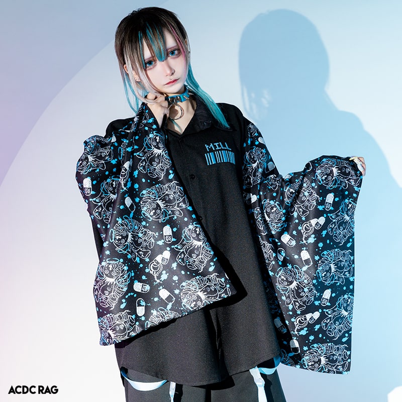 Bloodミル キモノシャツ 長袖 原宿系 原宿 派手カワ ファッション 着物袖 着物 和風 パンク ロック サイバー うさぎ イラスト 病みかわ 病み かわいい 個性的 ダンス 衣装 ダンス衣装 ヒップホップ レディース ブラック ブルー 大きいサイズ Acdcrag 75 以上節約