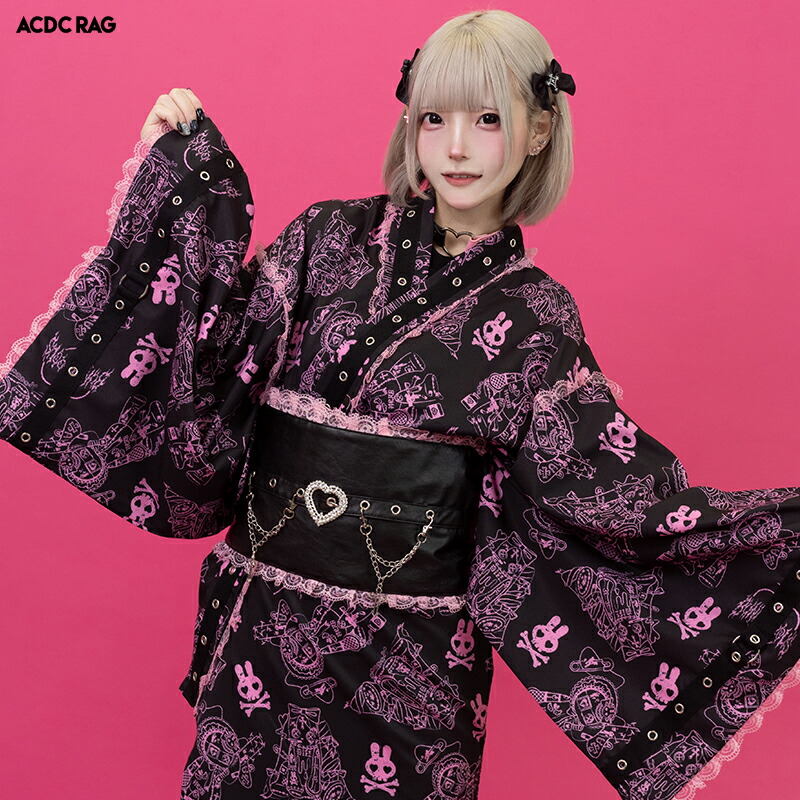 PUNKYバニー KIMONO 御召しもの 浴衣 和風 原宿 原宿系 流行り物 はち切れる 鍵を掛ける 仕掛地雷 仕掛地雷系 病み 病み愛くるしい 盛りだくさんカワ シュロの葉 総柄 ハート型 大層らしい大きさ 御召しもの 自己同一性的 サブカル メンズ レディース ACDC RAG