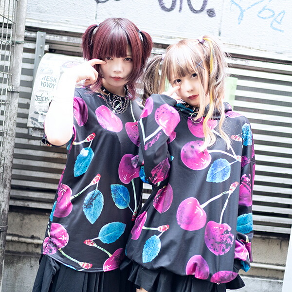 楽天市場 チェリー Tシャツ 原宿系 ファッション シャツ カットソー 半袖 パンク ロック V系 ヴィジュアル系 病み 服 病みかわいい 病みカワ 大きいサイズ レディース メンズ ライブ 衣装 派手カワ かわいい 個性的 ダンス衣装 チェリー 紫 黒 Acdcrag メール便可