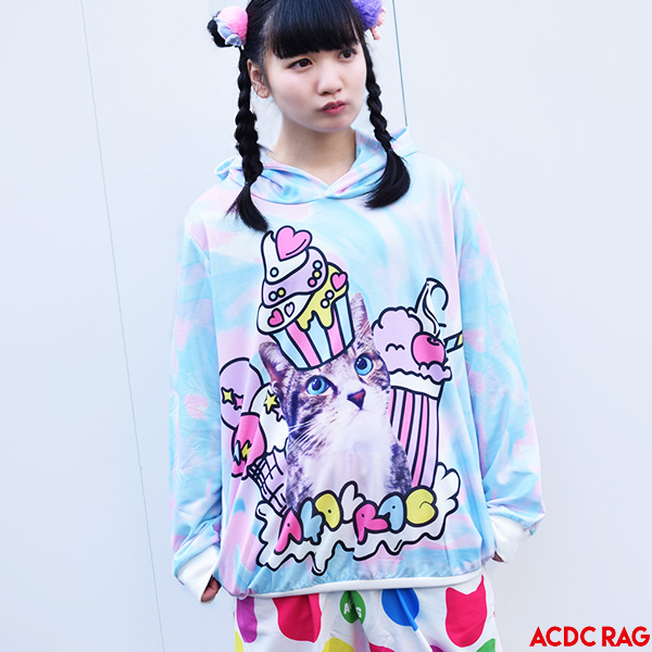 Acdc ネコ かわいい 長袖 ダンス衣装 ヒップホップ ゆめかわいい 猫 ねこ マーブル 個性的 大きいサイズ ブルー 原宿系 猫柄 派手カワ カラフル 派手 Iceアンジbigパーカー Rag パーカー レディース ファッション 薄手 ファンシー ガールズ