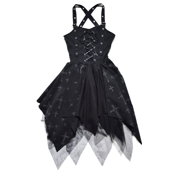 楽天市場 クロスワンピース ゴスロリ ワンピース 黒 ドレス 衣装 服 ゴシック ロリータ ゴス パンク ロック V系 バンギャ 変形 総柄 原宿 原宿系 ファッション レディース メイド コスチューム コスプレ ブラック Acdc Rag Acdc Rag 原宿竹下通り店