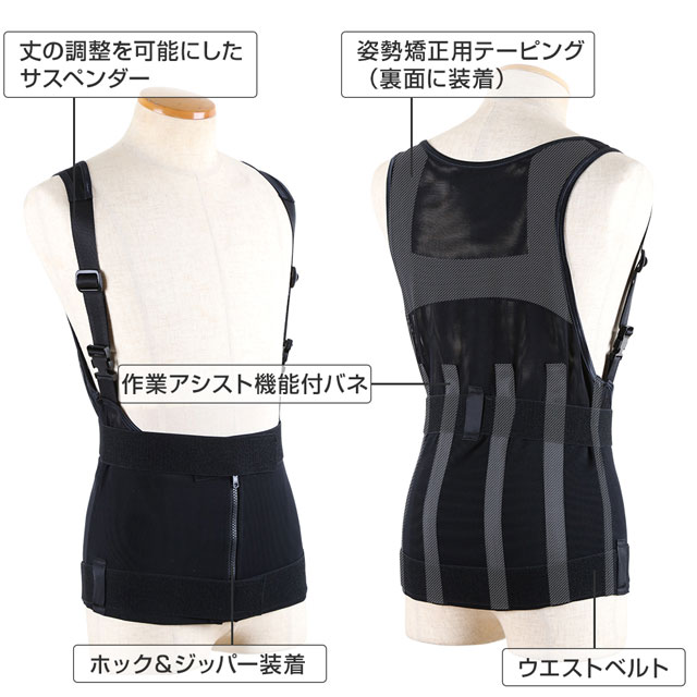楽天市場 作業アシストウェア ワーキングパワースーツ Working Power Suit Kitora キトラ 男女兼用 ベスト 上部のみ単品 腰痛軽減 腰痛対策 作業補助 中腰作業アシスト 腰サポート メッシュ素材 ブラック エース工具