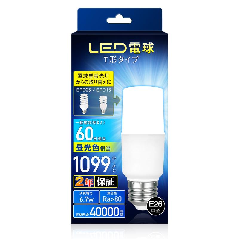 楽天市場】LED電球 T形タイプ 口金直径26mm 60w 100w形相当 電球色