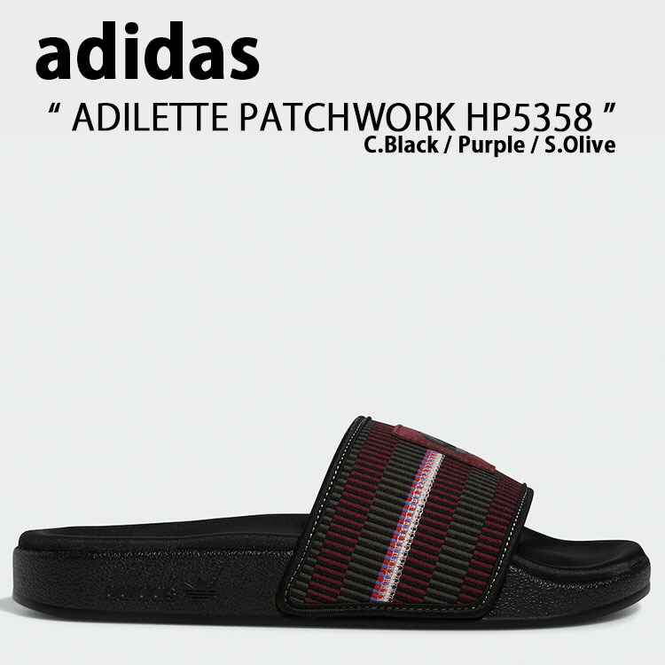 adidas Originals アディダス オリジナルス サンダル スリッパ ADILETTE PATCHWORK SLIDES HP5358 CBLACK/PURPLE/SHAOLI アディレッタ パッチワーク サンダル Black ブラック スライドサンダル【中古】未使用品