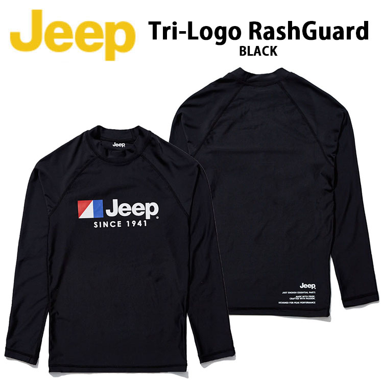 Jeep ジープ ラッシュガード Tri-Logo Rashguard UVカット ハイネック 立ち襟 水着 長袖 ロングスリーブ 冷感素材 マリンスポーツ サーフィン ブラック メンズ レディース 男女共用 男性用 女性用 GL2RGU103BK