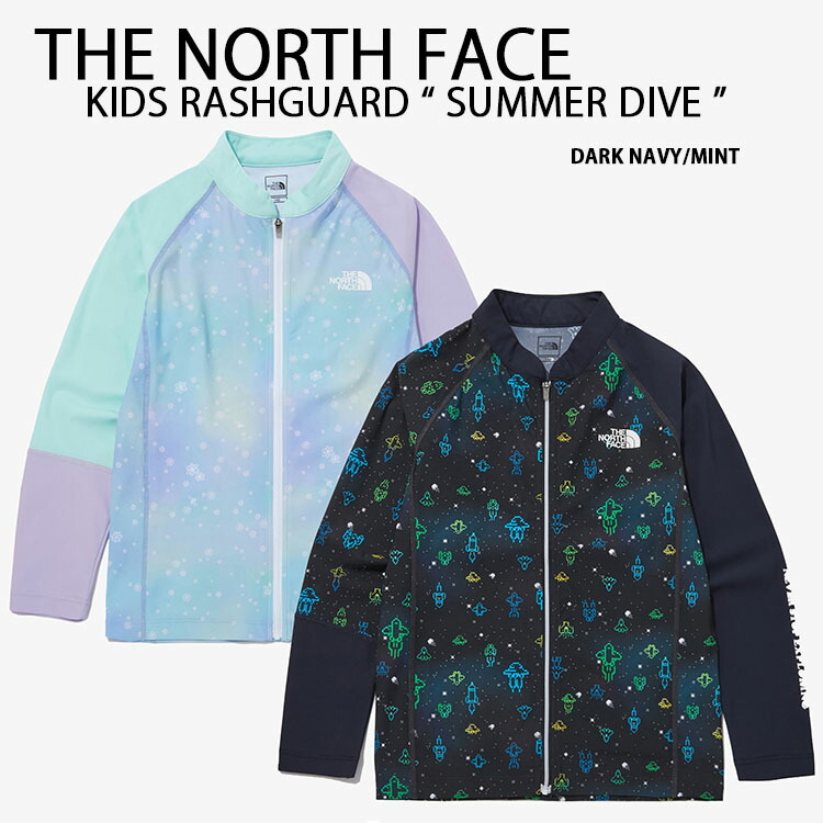 THE NORTH FACE ノースフェイス キッズ ラッシュガード K'S SUMMER DIVE RASHGUARD P 水着 ジップアップ UVカット 吸水速乾 NAVY MINT 全面プリント ネイビー ミント 水遊び マリンスポーツ サーフィン キッズ用 ジュニア用 NJ5JP04S/T【中古】未使用品画像